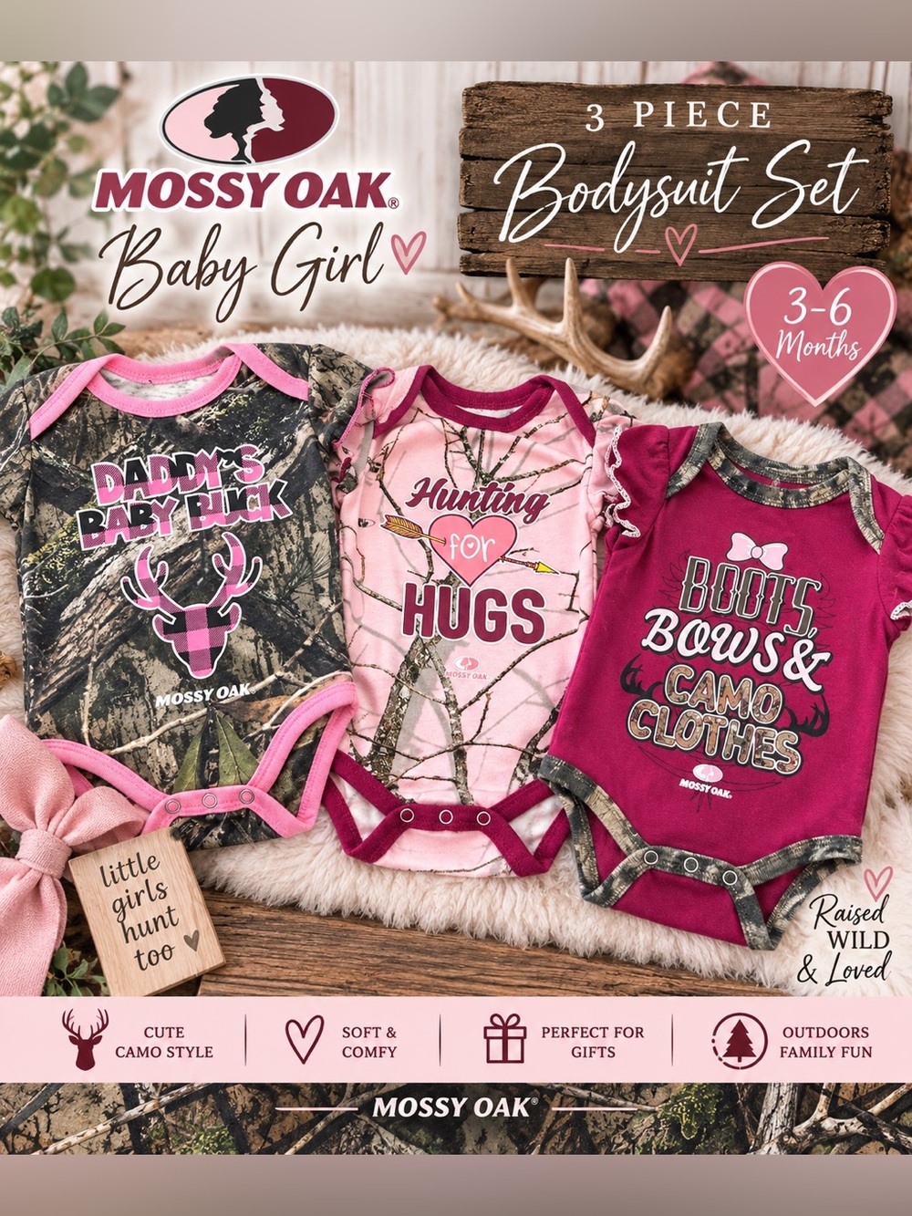 Mossy Oak Baby Girl 3-6M Camo Hunting Bodysuits 3PC Set Pink